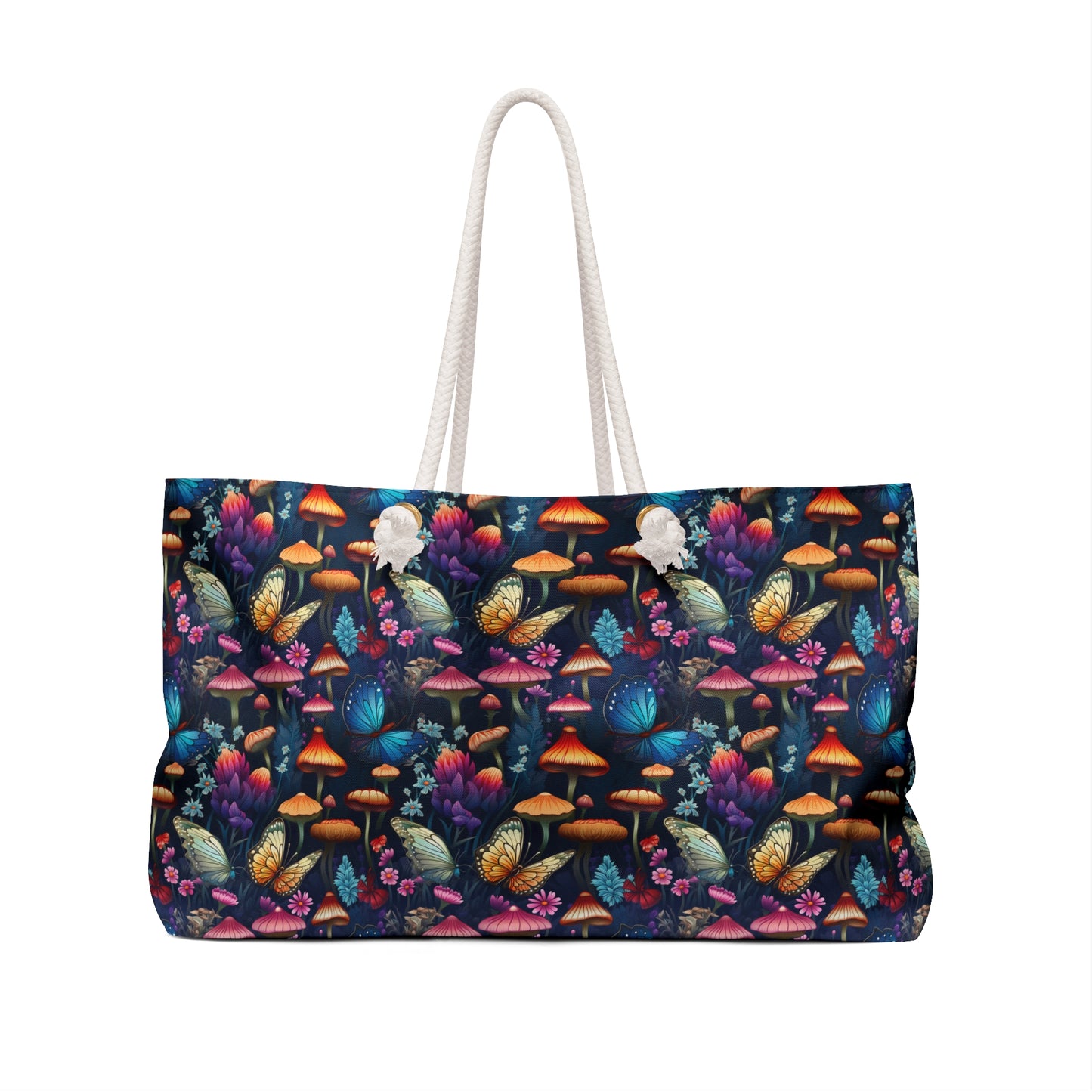 Mystical Butterflies and Mushroom Nighttime Garden - Weekender Oversized Canvas Tote Bag 24" × 13"