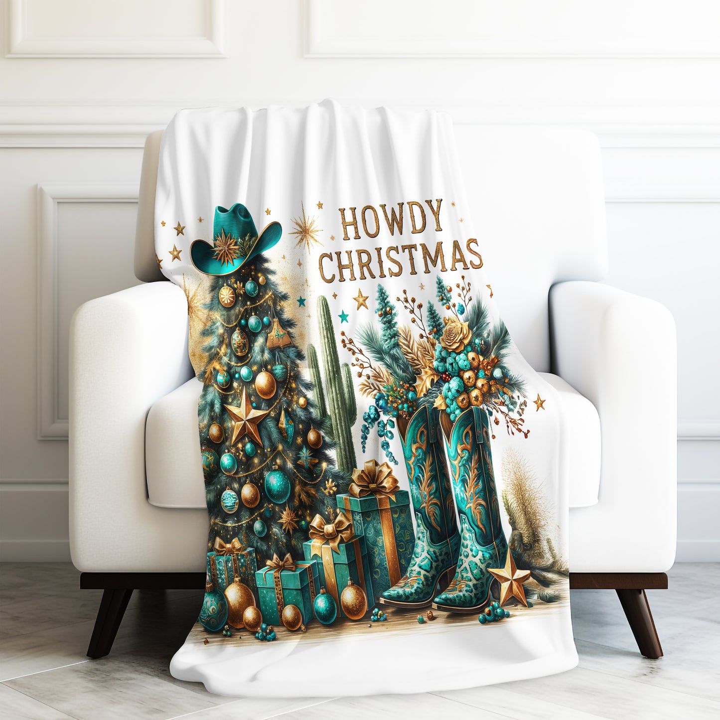 Country Western Howdy Christmas Green and Gold Sparkle Velveteen Plush Blanket 3 Sizes