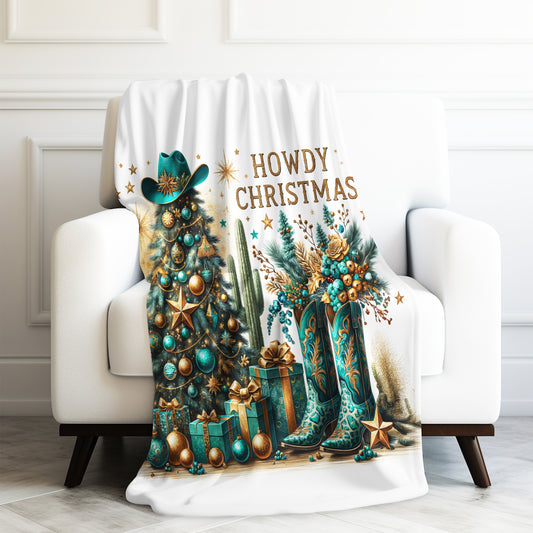 Country Western Howdy Christmas Green and Gold Sparkle Velveteen Plush Blanket 3 Sizes