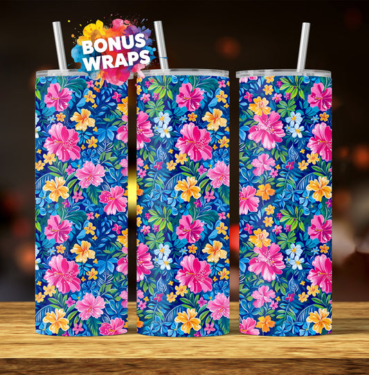 Tropical Watercolor Flowers  20oz Skinny Tumbler Seamless Sublimation Design Templates,Straight PNG Digital Download