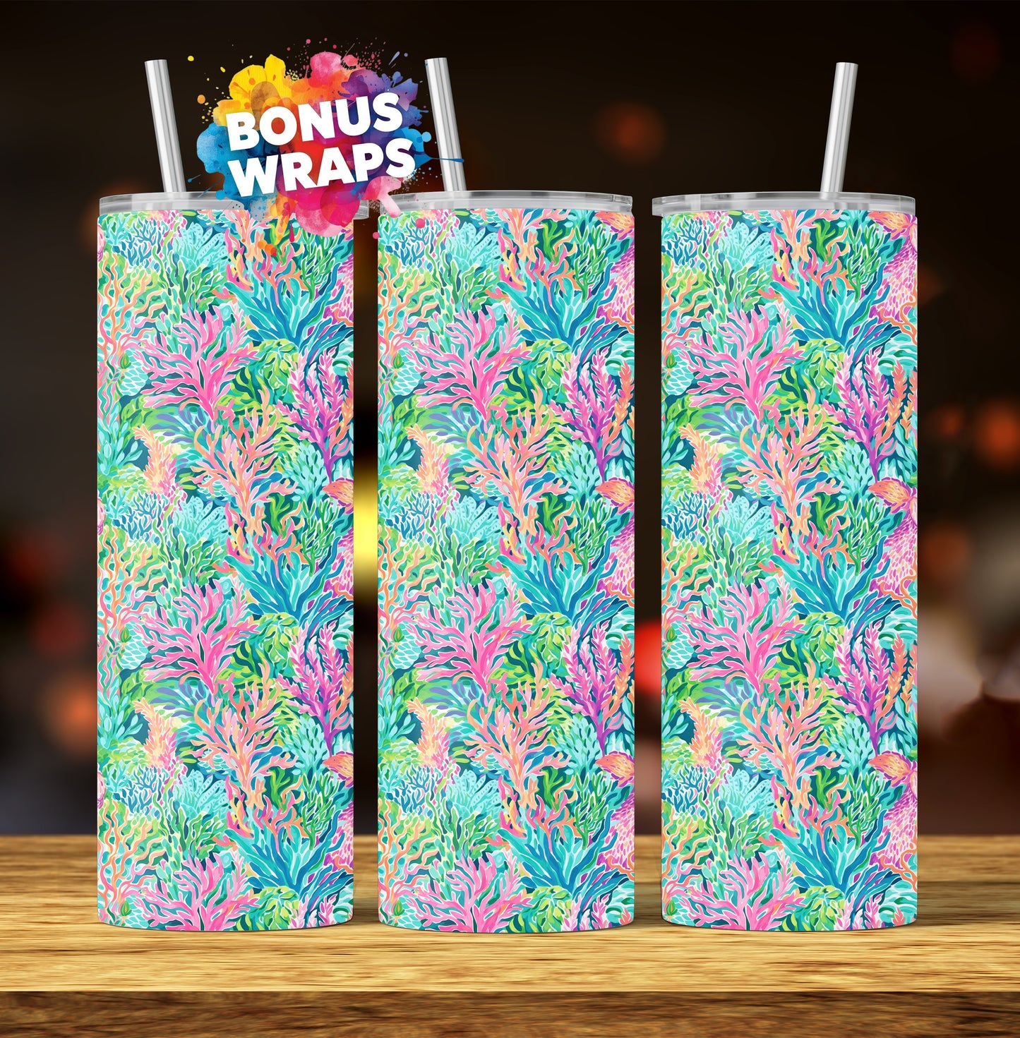 Tropical Ocean Cute Coral Watercolor 20oz Skinny Tumbler Seamless Sublimation Design Templates,Straight PNG Digital Download