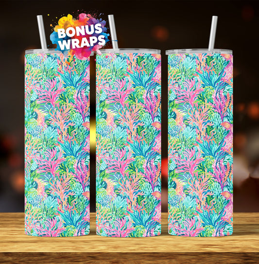 Tropical Ocean Cute Coral Watercolor 20oz Skinny Tumbler Seamless Sublimation Design Templates,Straight PNG Digital Download