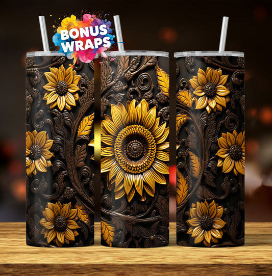 Rustic Sunflower Tooled Leather 20oz Skinny Tumbler, Seamless Sunflowers Country Western 20 oz Straight Skinny Tumbler Wrap PNG