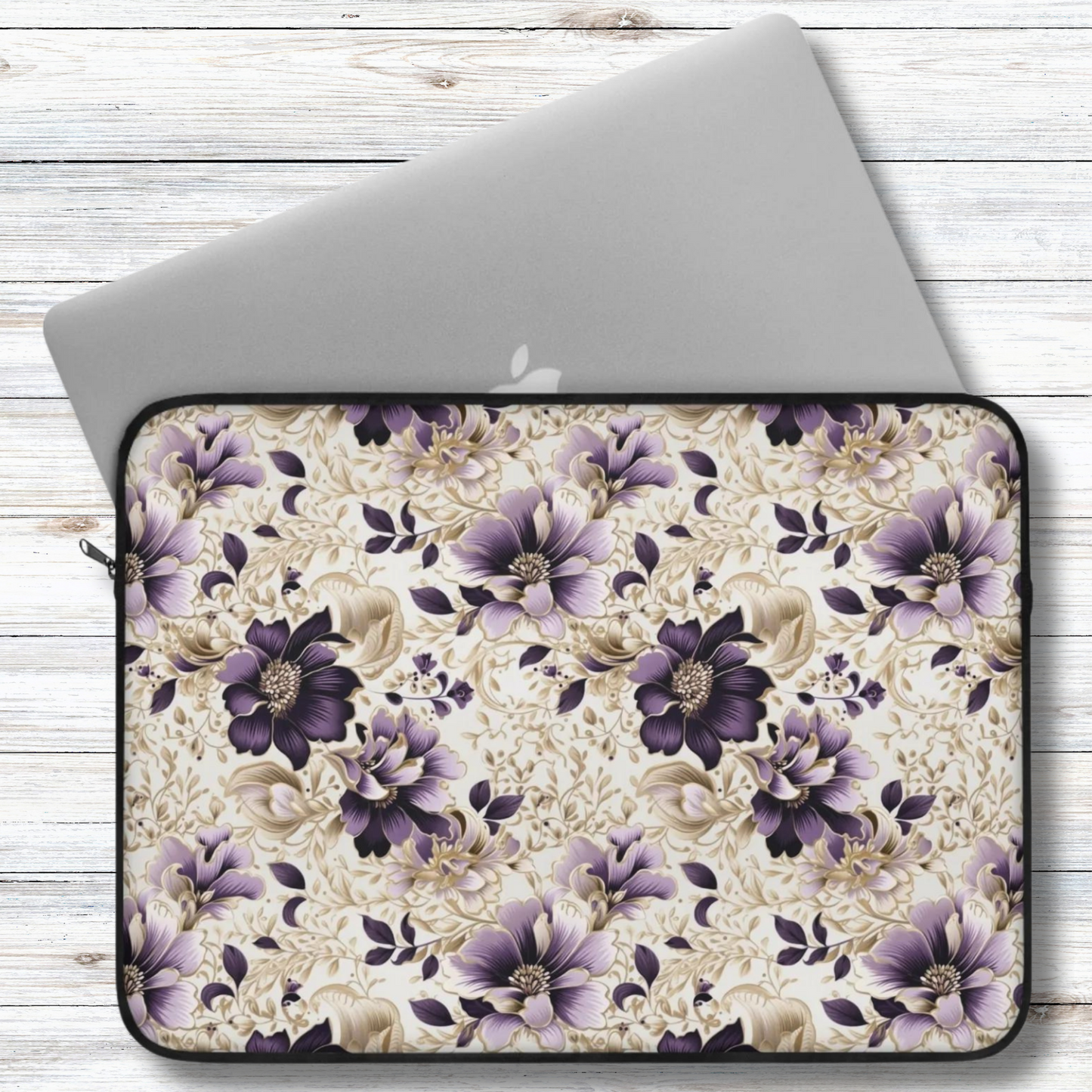 Purple Majesty: Watercolor Floral Design with Gold Foliage Accents - Laptop or Ipad Protective Sleeve 3 Sizes