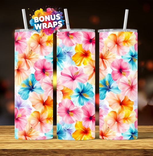 Tropical Hibiscus Flowers Watercolor 20oz Tumbler Wrap,  Seamless Sublimation Design Templates, 20oz Straight PNG Digital Download