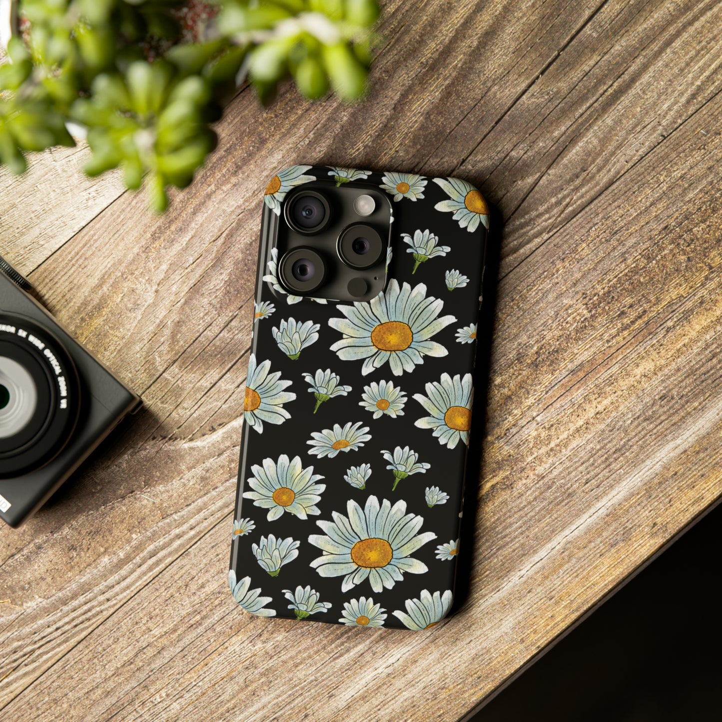 Large Watercolor Summer Daisies Blooming Against a Bold Black Background Iphone 15-12 Slim Phone Case