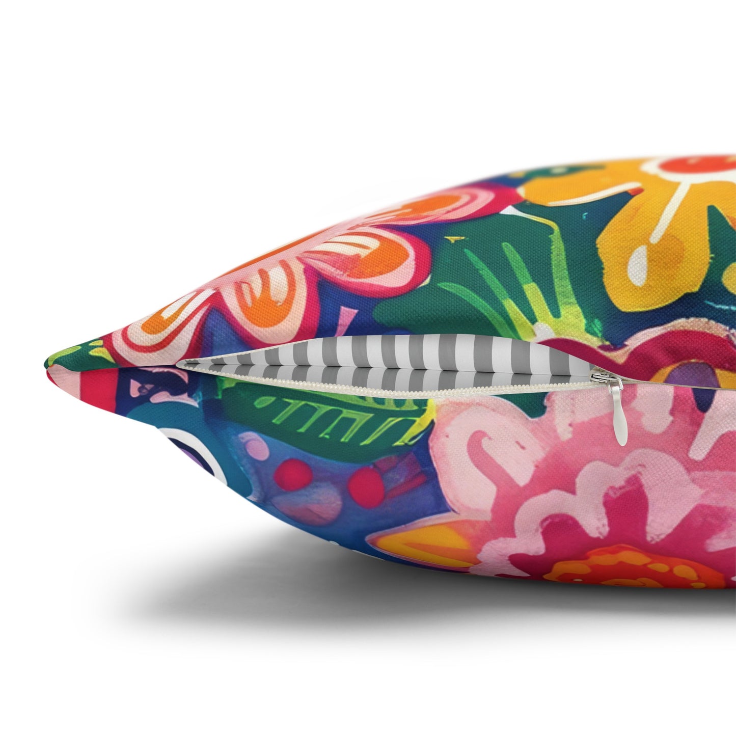 Fluttering Kaleidoscope: Vibrant Multicolor Flowers and Butterflies in Flight Spun Polyester Square Pillowcase 4 Sizes