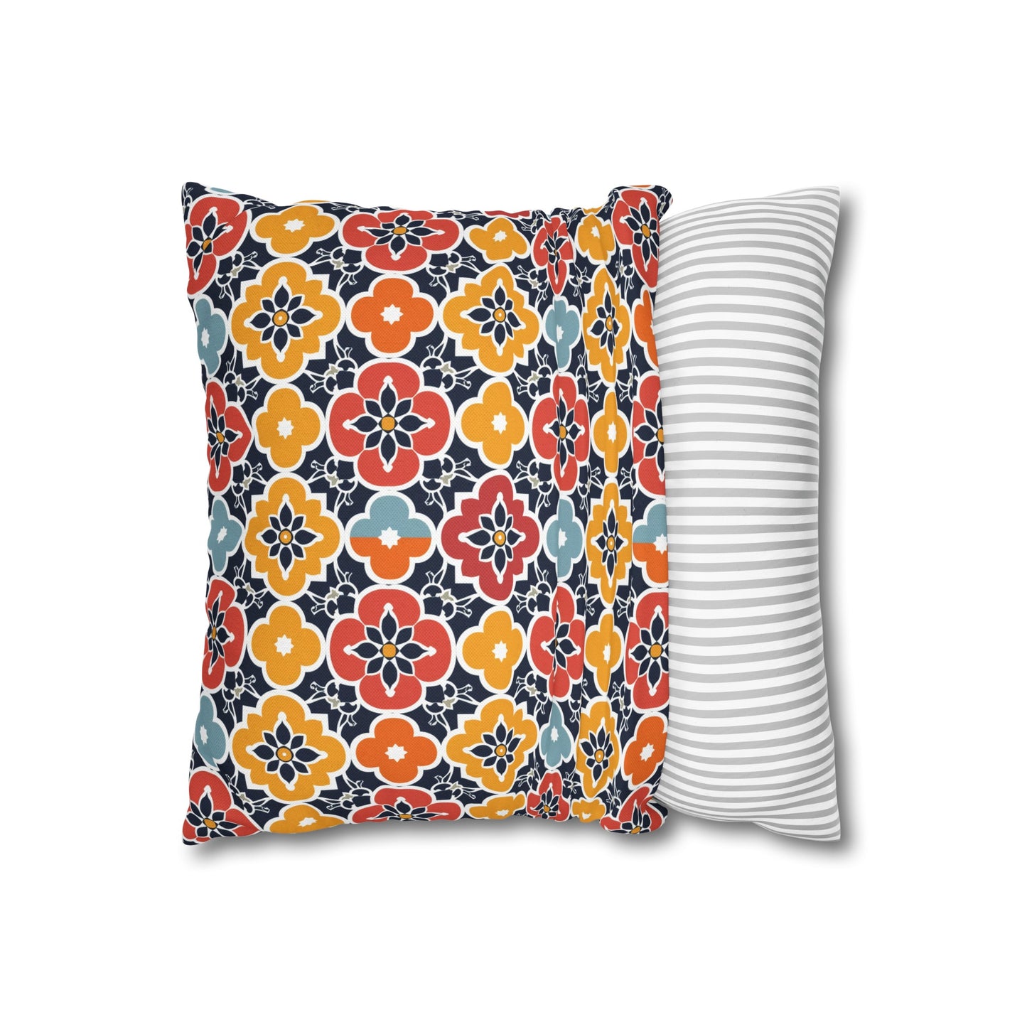 Vibrant Moroccan Orange, Gold and Blue Tile Pattern Spun Polyester Square Pillowcase 4 Sizes