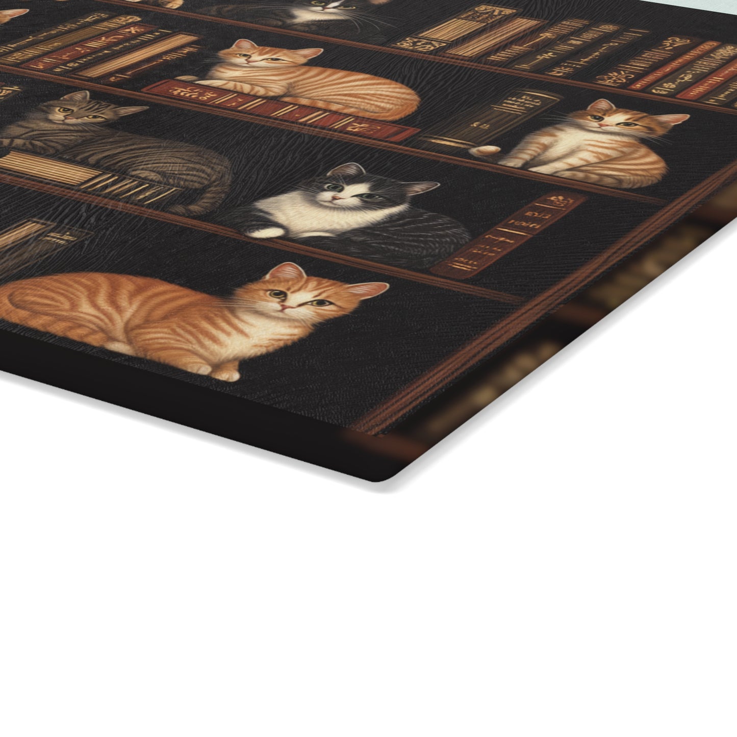 Cozy Bookshelf Cats Glass Cutting Board - 2 Sizes