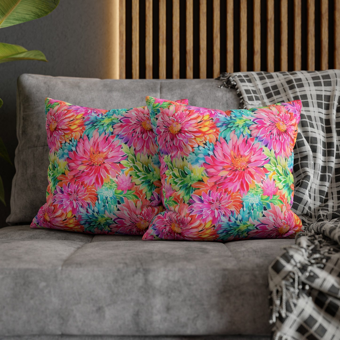 Blooming Spectrum: Large Vibrant Watercolor Flowers in Full Bloom Spun Polyester Square Pillowcase 4 Sizes