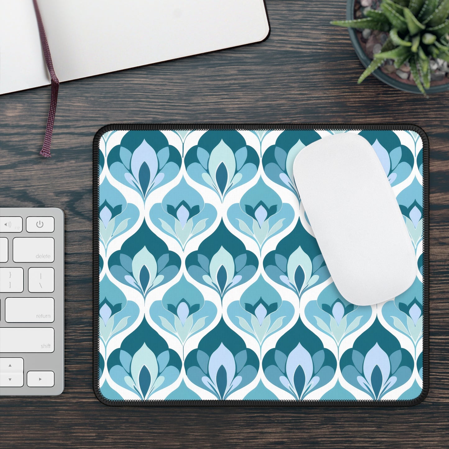 Serene Leaf Motifs Cascading in Cool Hues of Oceanic Blues Mouse Pad with Finished Edges