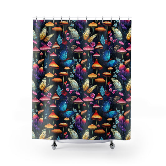 Neon Nocturne: Illuminated Butterfly and Mushroom Silhouettes Against the Night Sky Design Bathroom Shower Curtain   71" × 74"