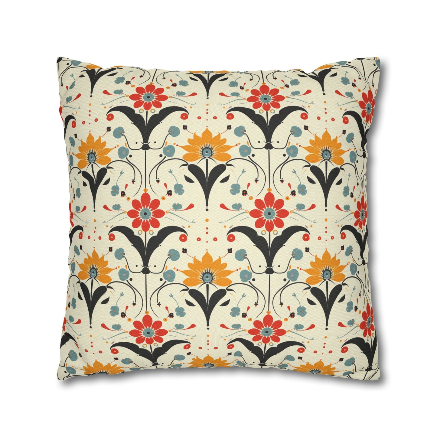 Whimsical Retro Garden in Muted Yellow, Red and Blues Spun Polyester Square Pillowcase 4 Sizes