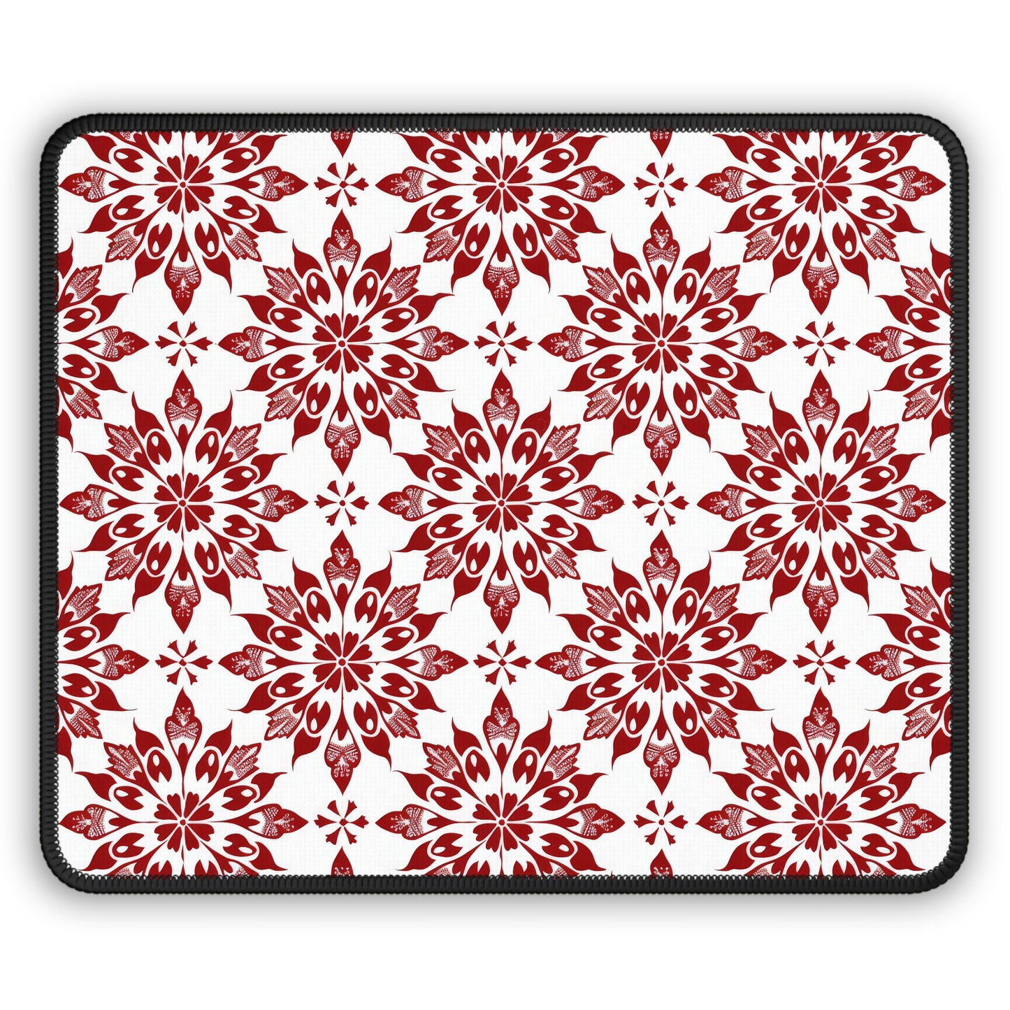 Vintage Radiance Ornate Red and White Floral Burst Pattern Mouse Pad with Finished Edges