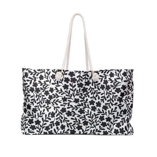 Delicate Simplicity: Tiny Black and White Floral Design  - Weekender Oversized Canvas Tote Bag 24" × 13"