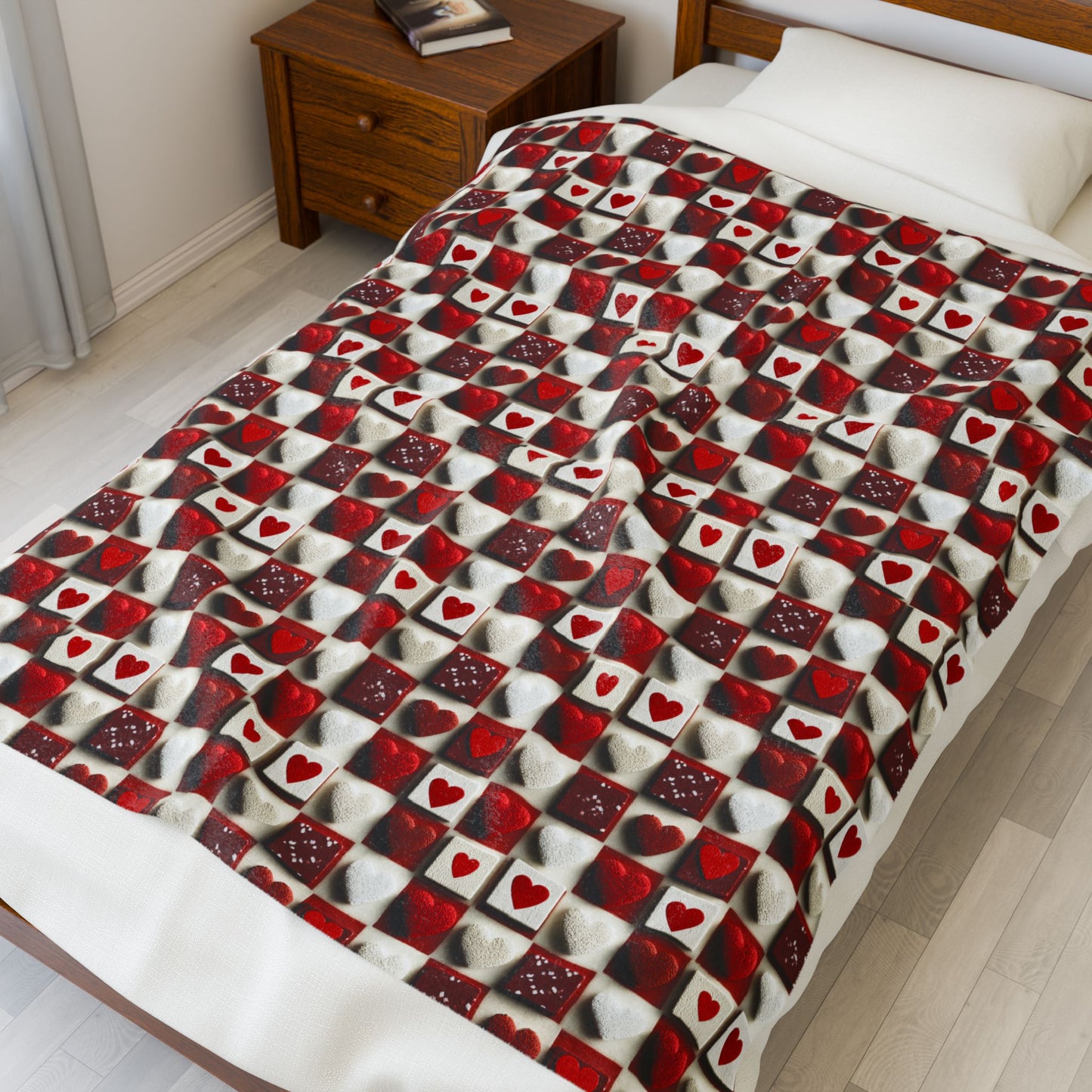 Checkered Hearts Valentines Print Velveteen Plush Blanket 3 Sizes