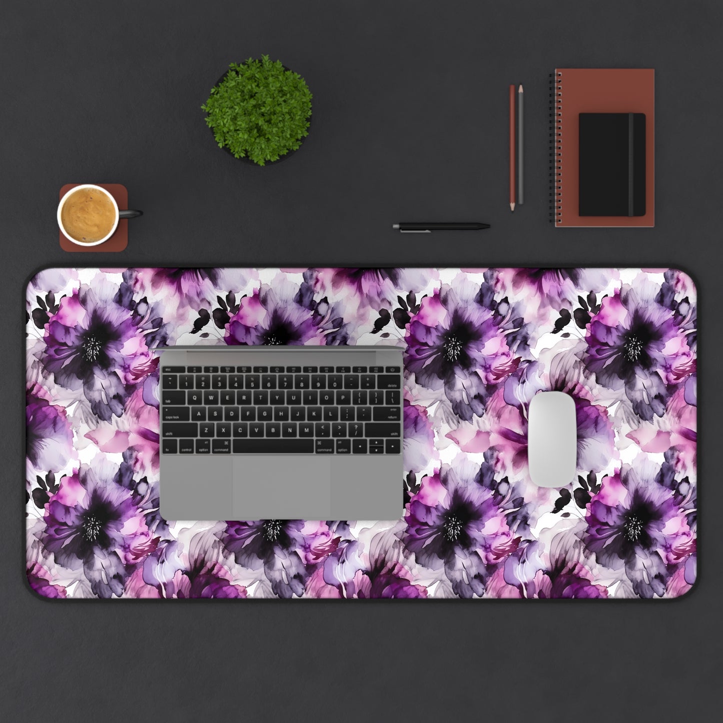 Regal Splendor: Large Purple and Grey Watercolor Flower Design - Desk Mat Extended Gaming Mouse Pad 3 Sizes