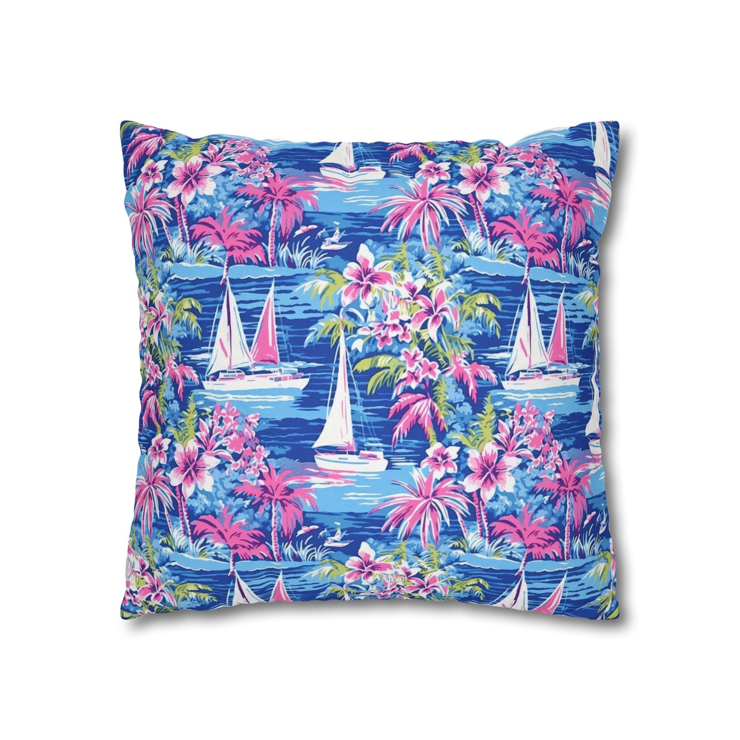 Sailing Tropics: Watercolor Sailboats Amidst Ocean Waves, Tropical Flowers, and Palm Trees Spun Polyester Square Pillowcase 4 Sizes