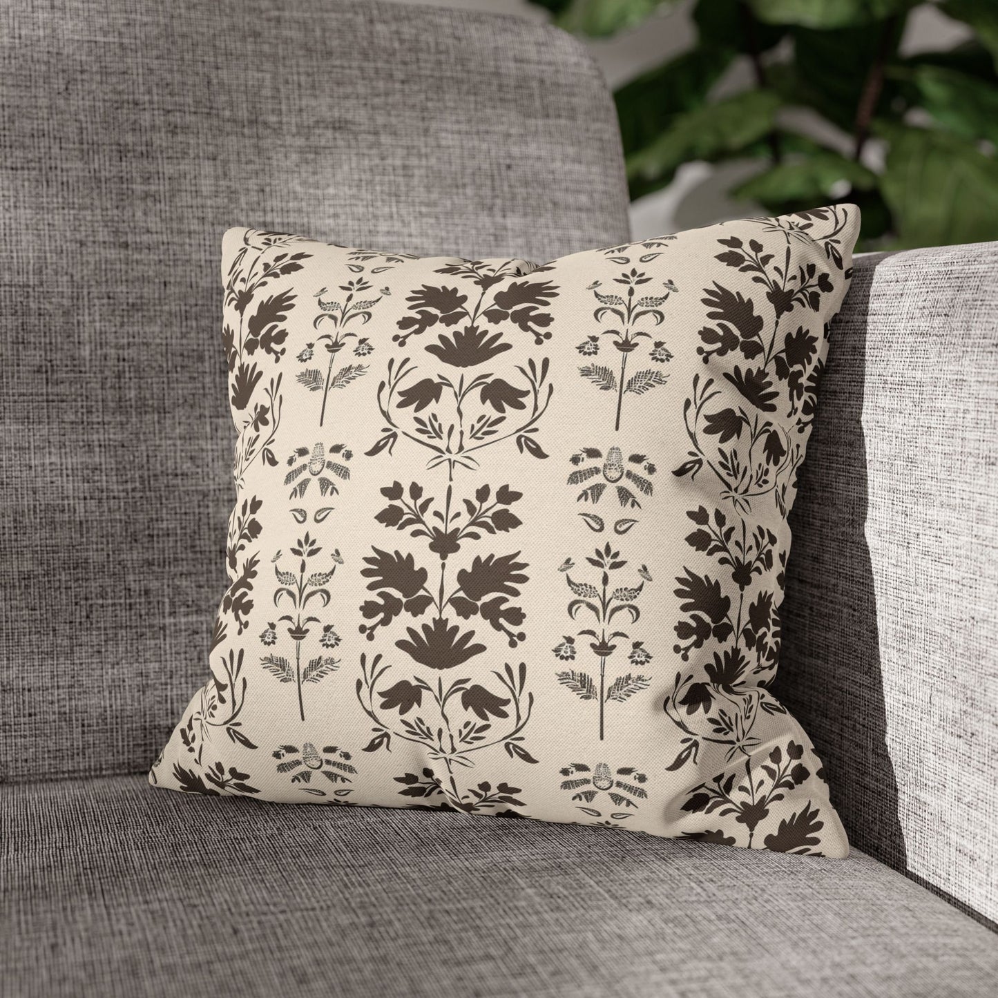 Early American Stencil-Inspired Beige and Brown Floral Pattern Spun Polyester Square Pillowcase 4 Sizes