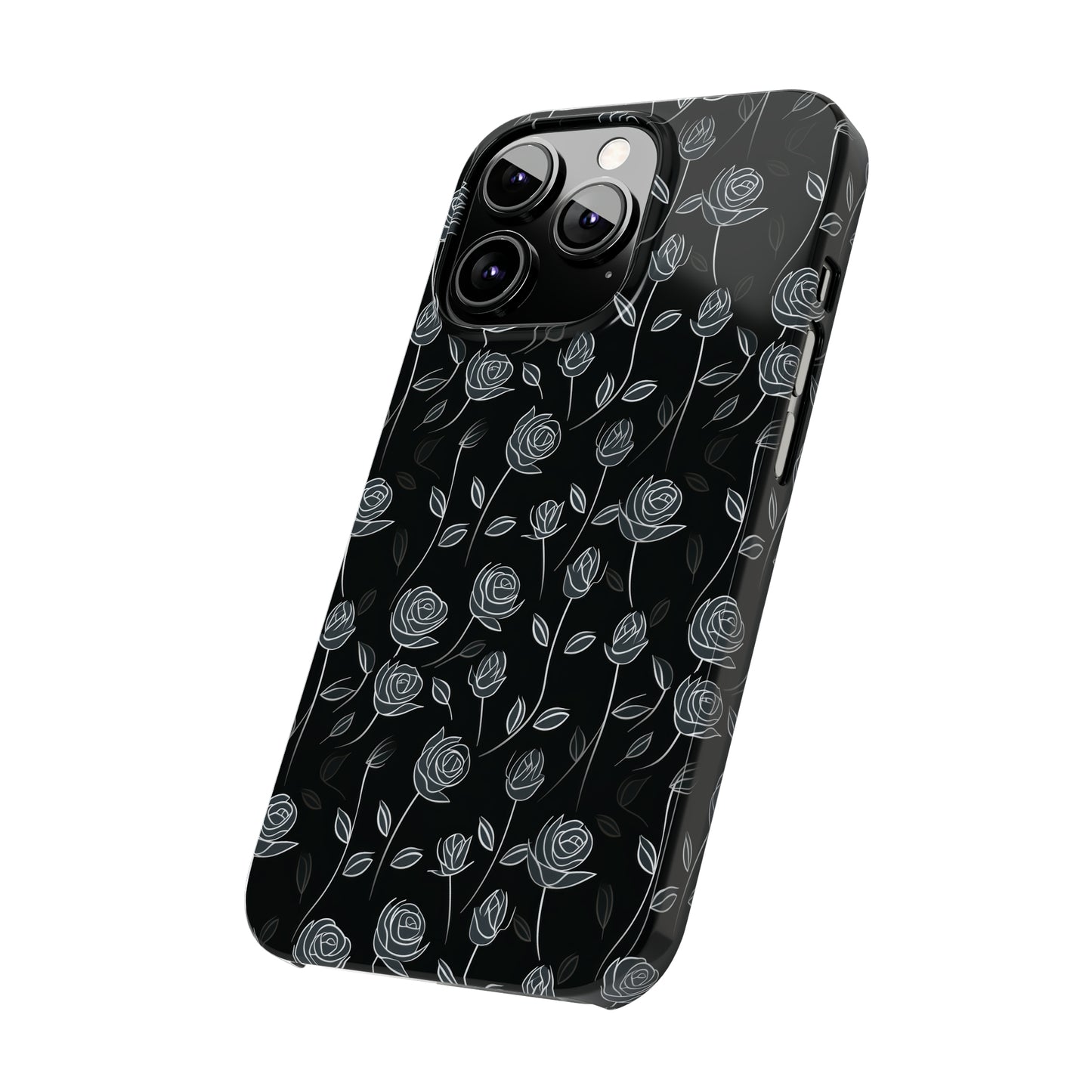 Contrasting Elegance: White Outlined Roses on a Black Background Iphone 15-12 Slim Phone Case