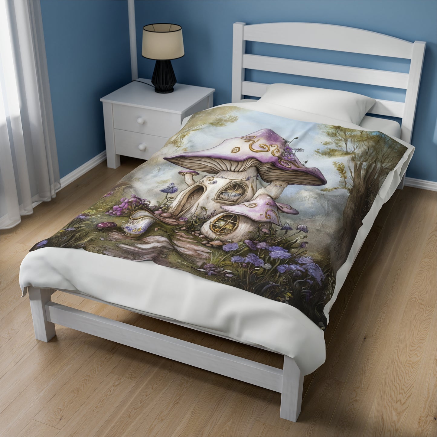 Lavender Mushroom Cottage Nestled in a Blooms of Enchantment Velveteen Plush Blanket 3 Sizes