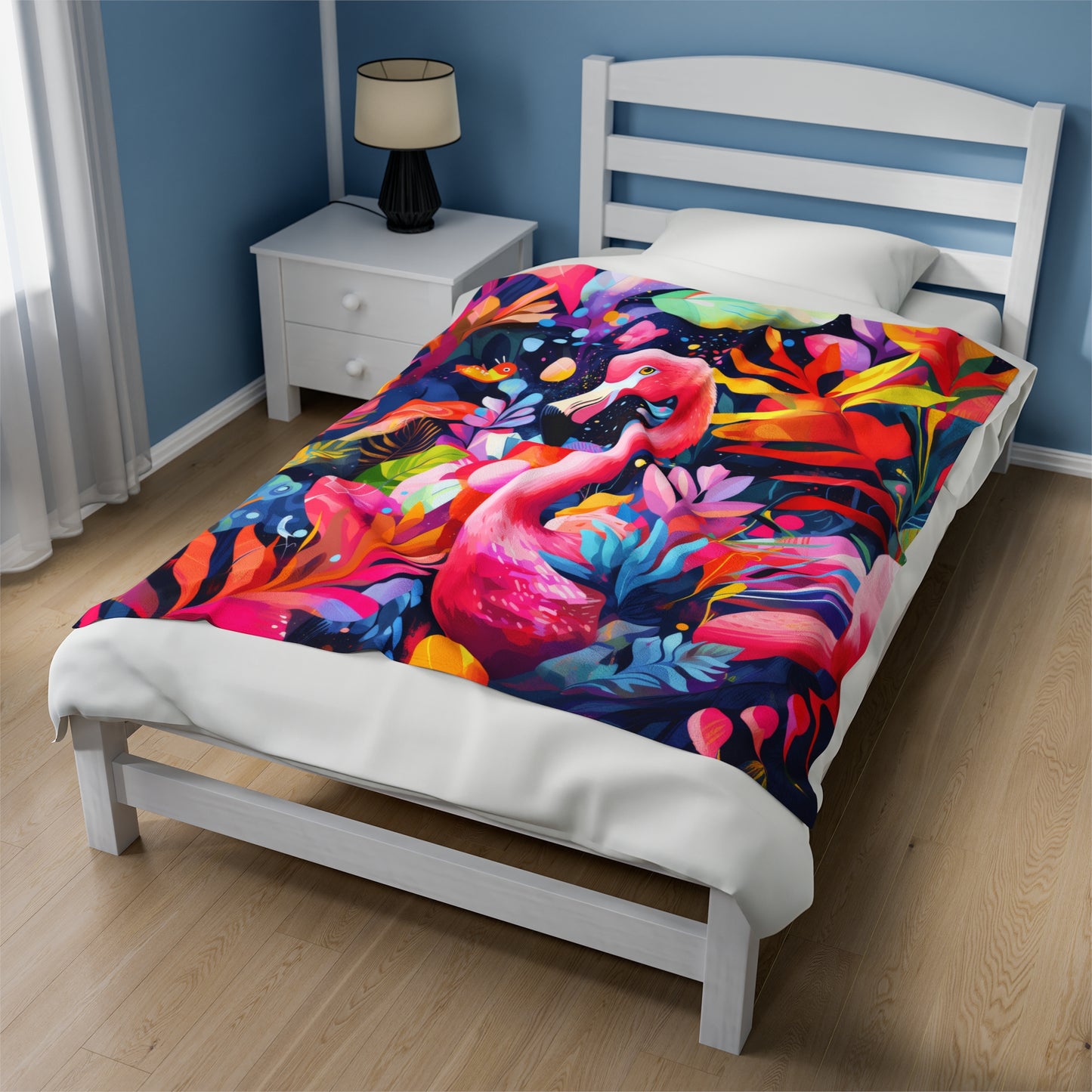 Vibrant Flamingo in a Jungle of Bold Colors and Leaves Velveteen Plush Blanket 3 Sizes