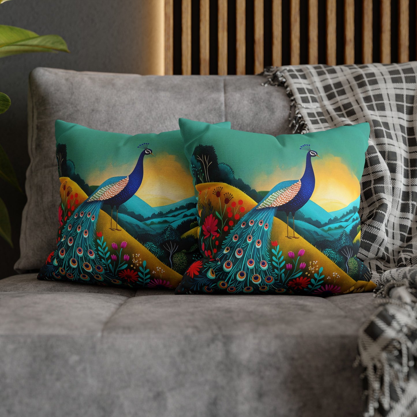 Radiant Peacock with Colorful Enchanted Garden and Sunrise Spun Polyester Square Pillowcase 4 Sizes