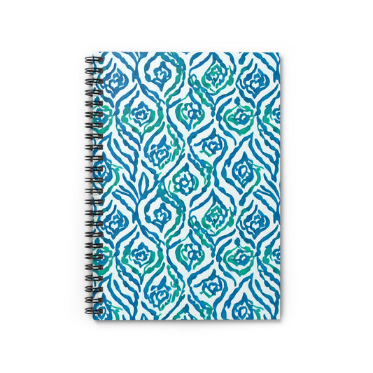 Cool Breeze Elegance: Abstract Damask Pattern in Green and Blue Spiral Ruled Line Notebook