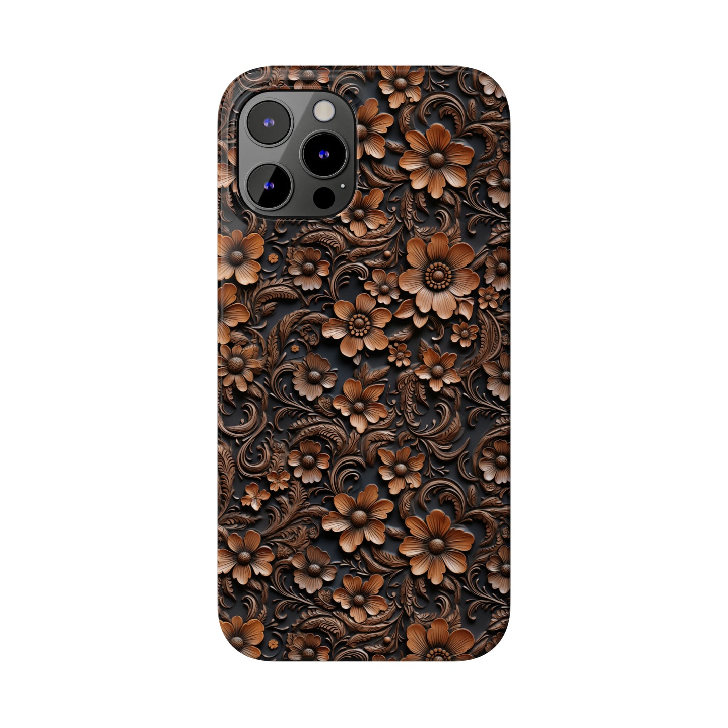 Tooled Deep Brown Leather Flowers Print Design Iphone 15-12 Slim Phone Case