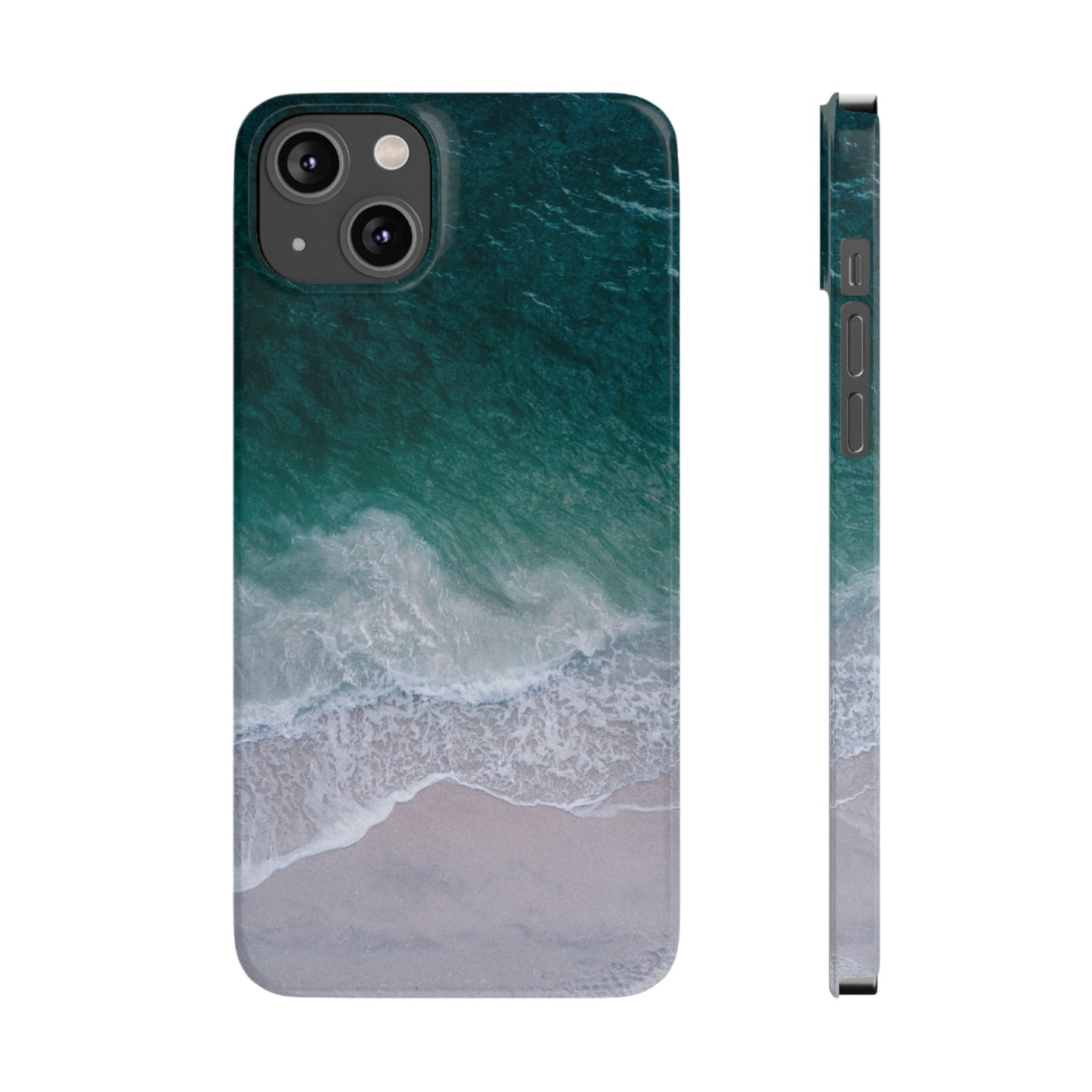 Ocean's Embrace: Deep Green Waters with White Waves Crashing onto the Beach Design Iphone 15-12 Slim Phone Case