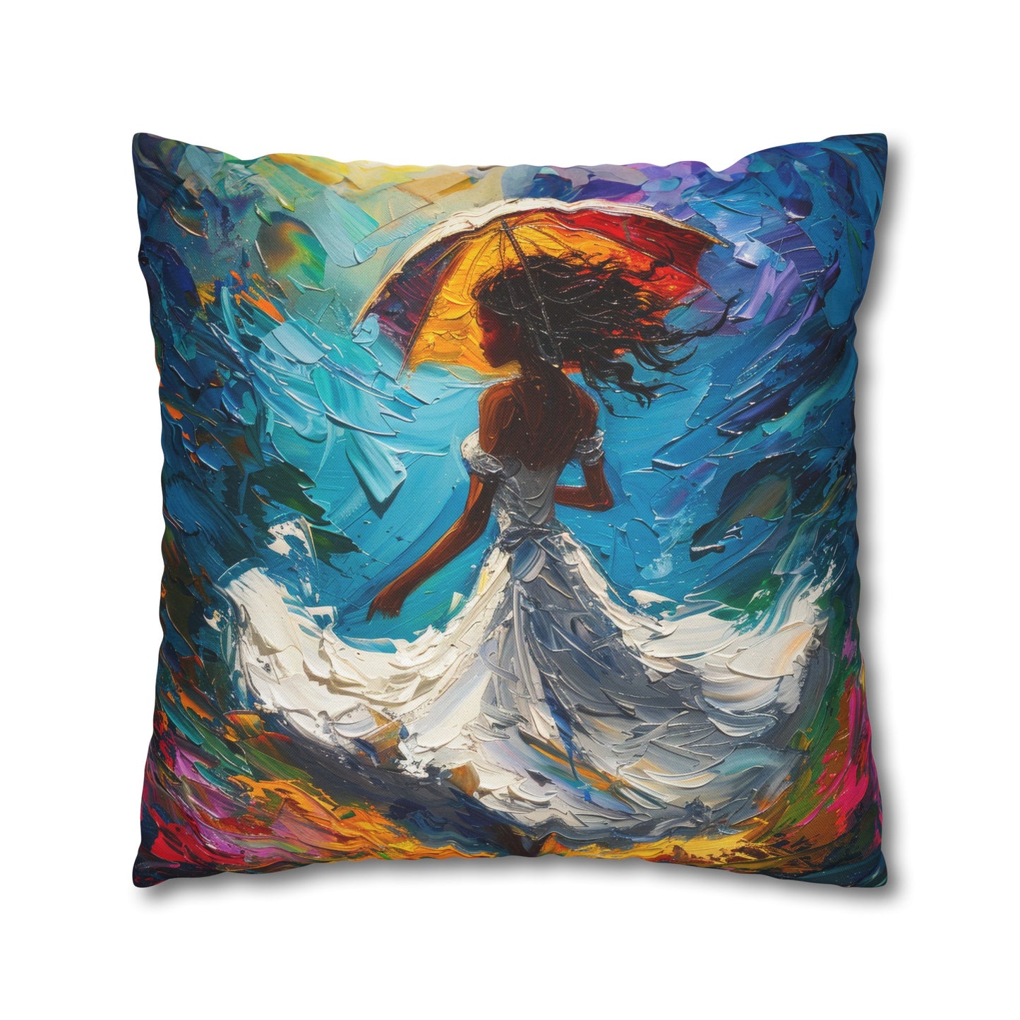 Dancing In The Rain and Sunshine Women in White Dress Swirling Floral Field of Flowers Spun Polyester Square Pillowcase 4 Sizes