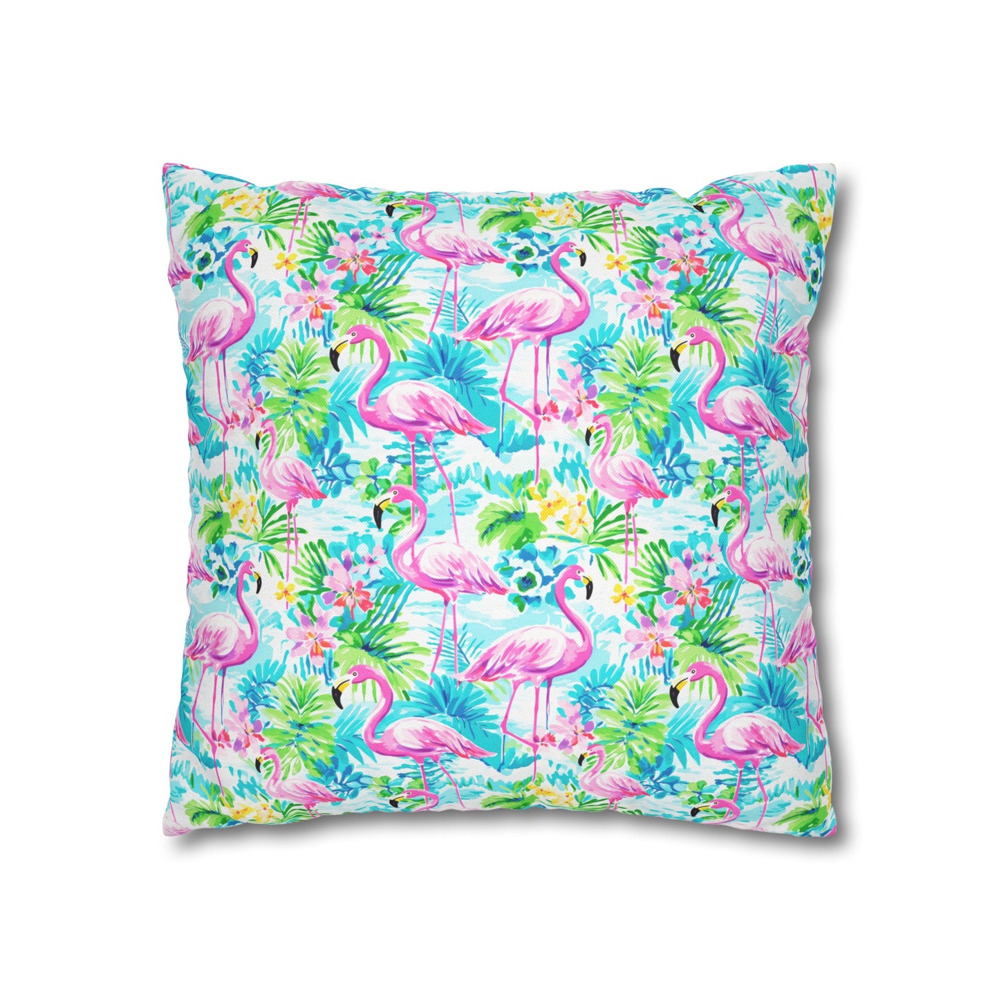 Tropical Flamingo Haven: Surrounded by Flowers and Palm Trees Spun Polyester Square Pillowcase 4 Sizes