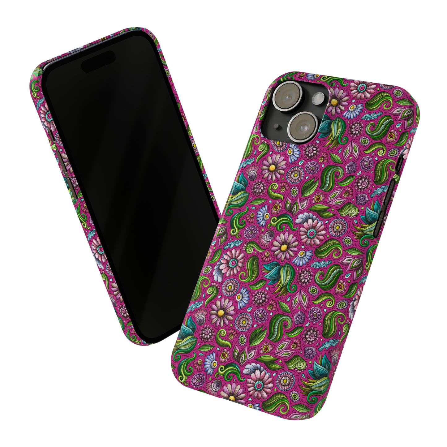 Purple & Pink Daisy Floral Print Hot Pink Background Iphone 15-12 Slim Phone Case