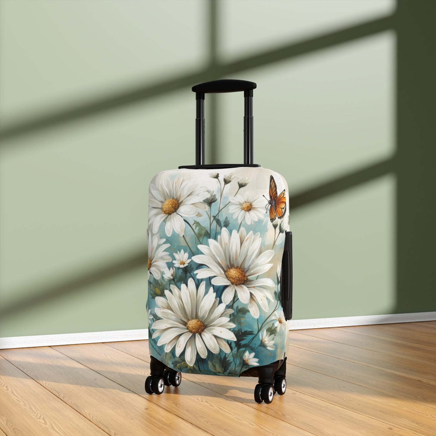 Rustic Farmhouse Teal and White Wild Daisies and Butterflies  - Luggage Protector and Cover 3 Sizes