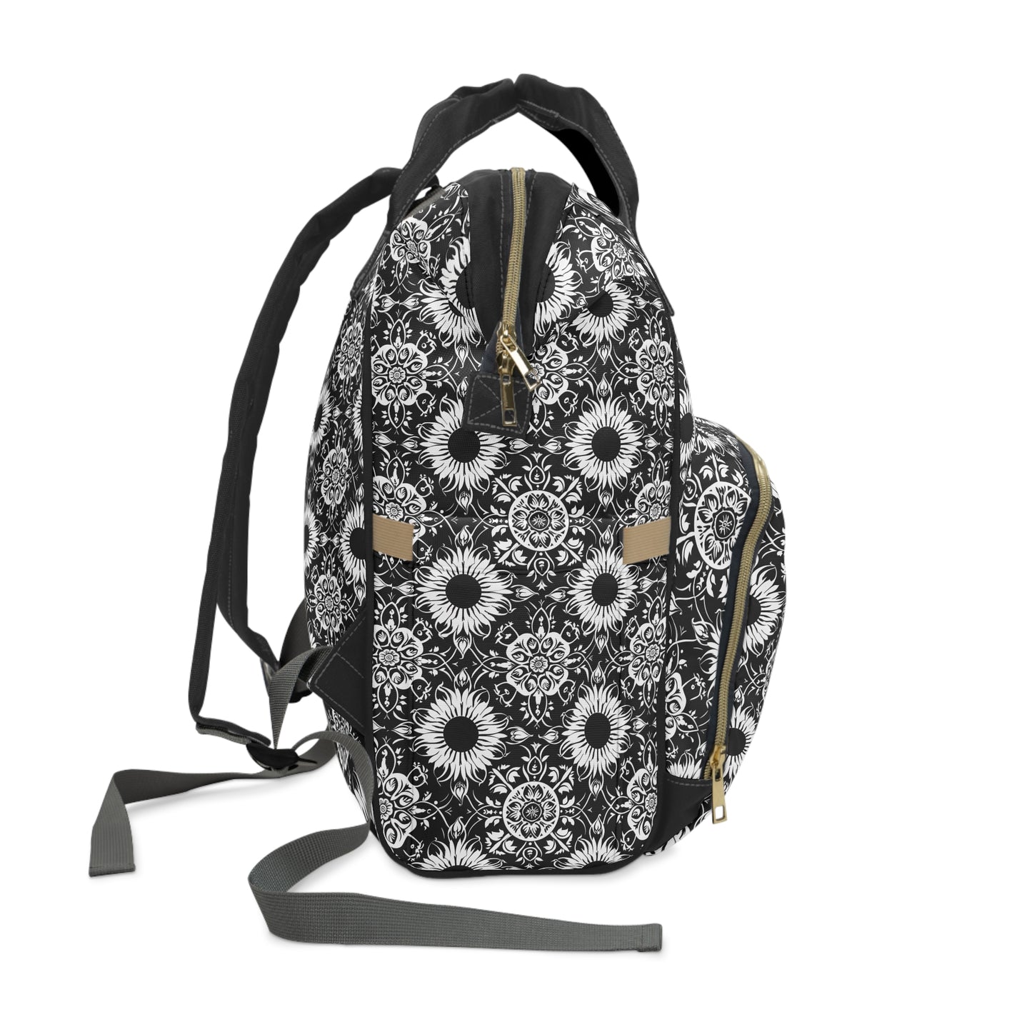 Elegant Mandala Design with Black and White Sunflowers Multifunctional Diaper Backpack