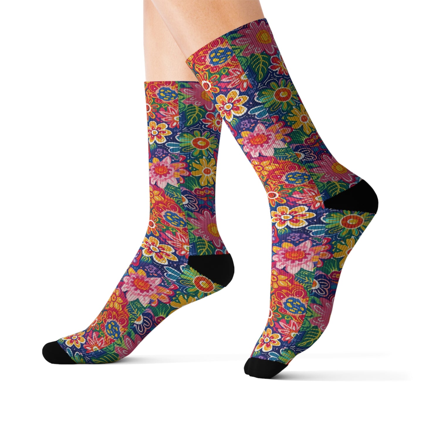 Fluttering Kaleidoscope: Vibrant Multicolor Flowers and Butterflies in Flight Ribbed Crew Socks