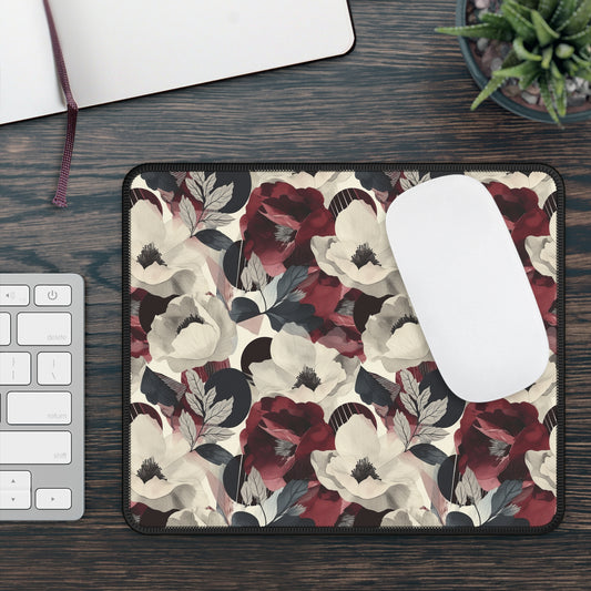 Elegant Vintage Floral Blooms in Wine, Cream and Charcoal Print Gaming Mouse Pad with Finished Edges