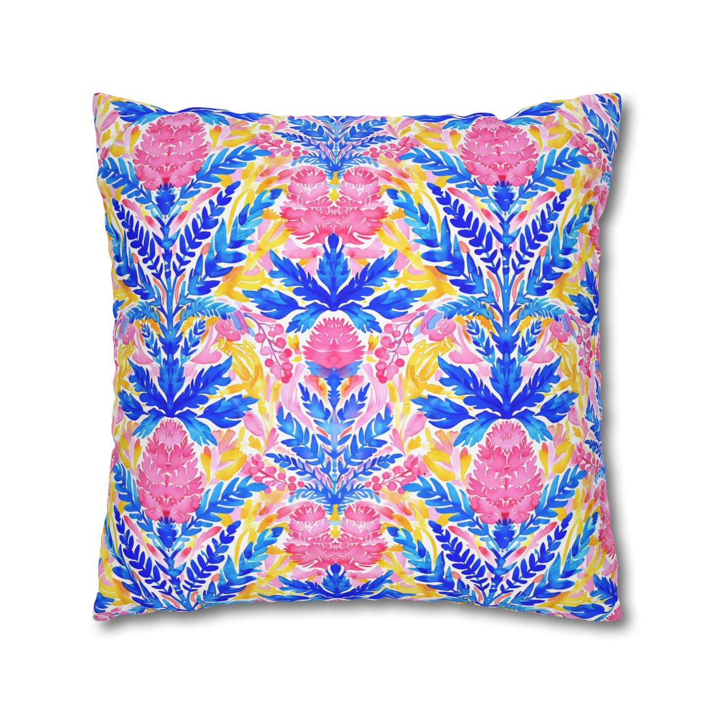 Tropical Watercolor Blooms in Vibrant Pinks and Blues Spun Polyester Square Pillowcase 4 Sizes