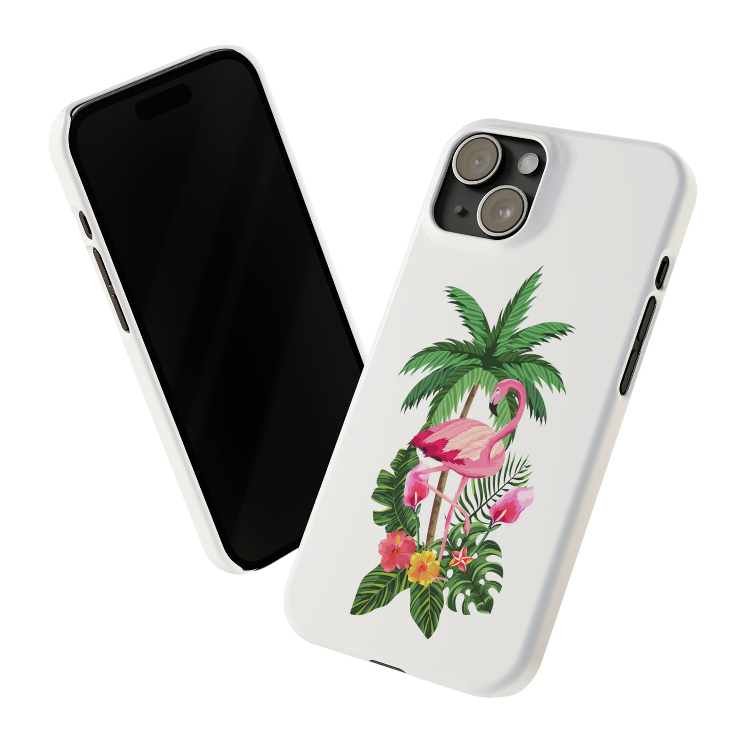 Tropical Pink Flamingo and Flowers White Background Iphone 15-12 Slim Phone Case