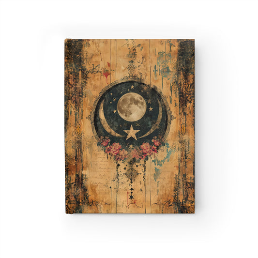 Mystical Vintage Celestial Full Moon Stars and Flowers - Hardcover Ruled Line Journal 5" x 7"