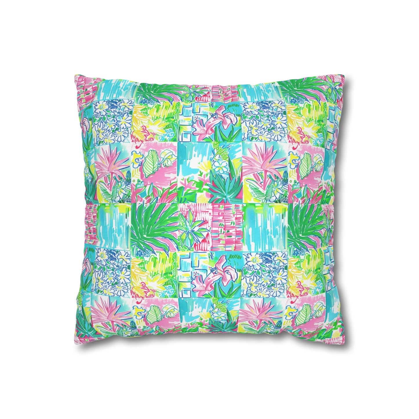 Whimsical Palm Trees and Flowers in Vibrant Pink, Teal, and Green Collage Spun Polyester Square Pillowcase 4 Sizes