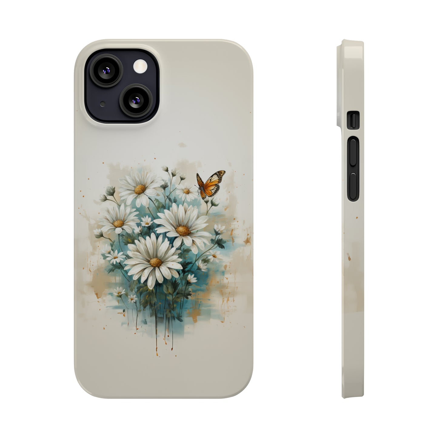 Rustic Farmhouse Teal and White Wild Daisies and Butterflies Iphone 15-12 Slim Phone Case