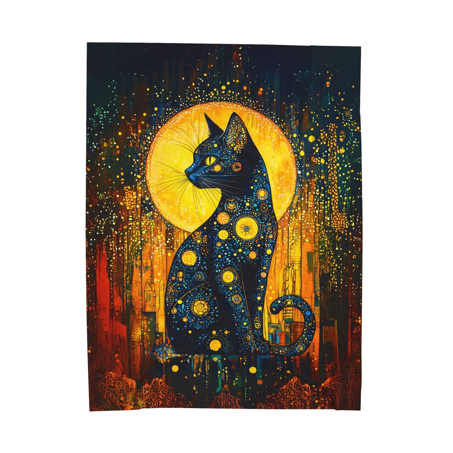 Celestial Cat Adorned in Cosmic Orbs and Starlit Splendor Velveteen Plush Blanket 3 Sizes