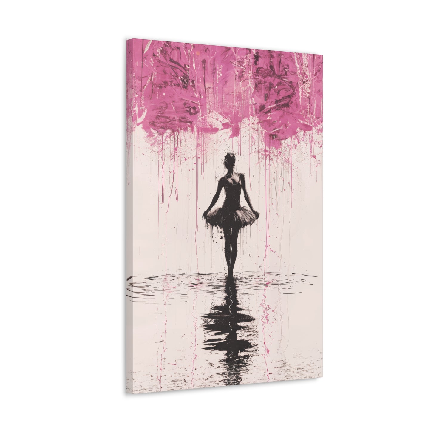 Dreamlike Reverie: Ballerina Dancing Amidst Pink Clouds and Gentle Rain Print on Canvas Gallery - 13 Sizes