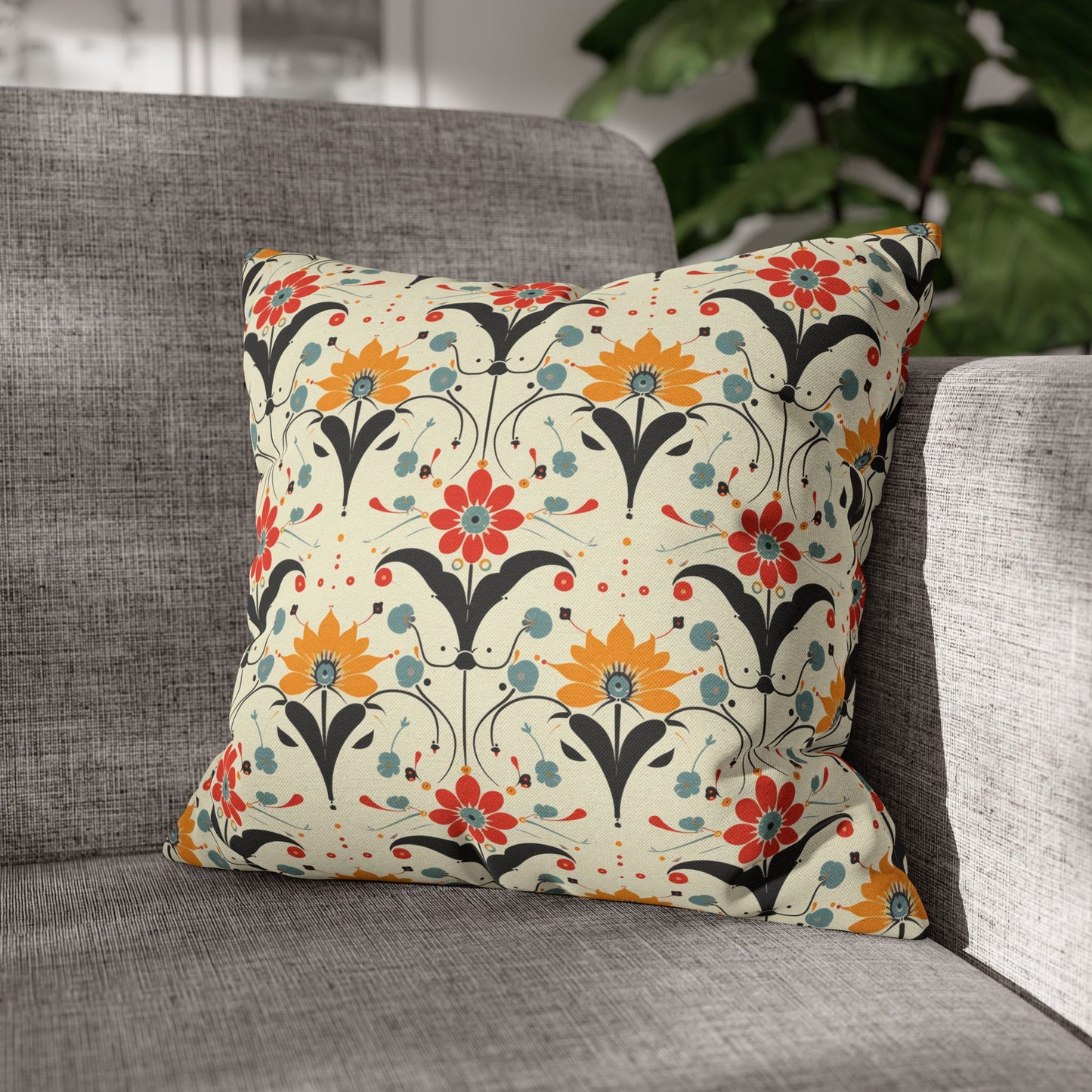 Whimsical Retro Garden in Muted Yellow, Red and Blues Spun Polyester Square Pillowcase 4 Sizes