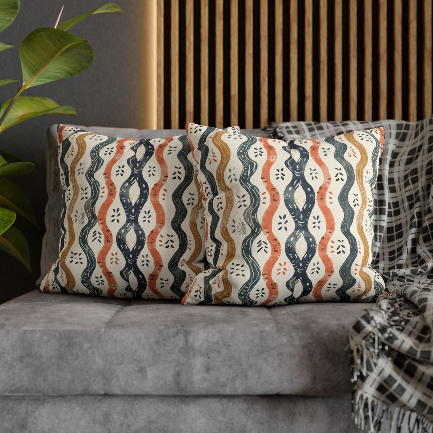 Boho Waves with Earthy Blues Reds and Browns Spun Polyester Square Pillowcase 4 Sizes