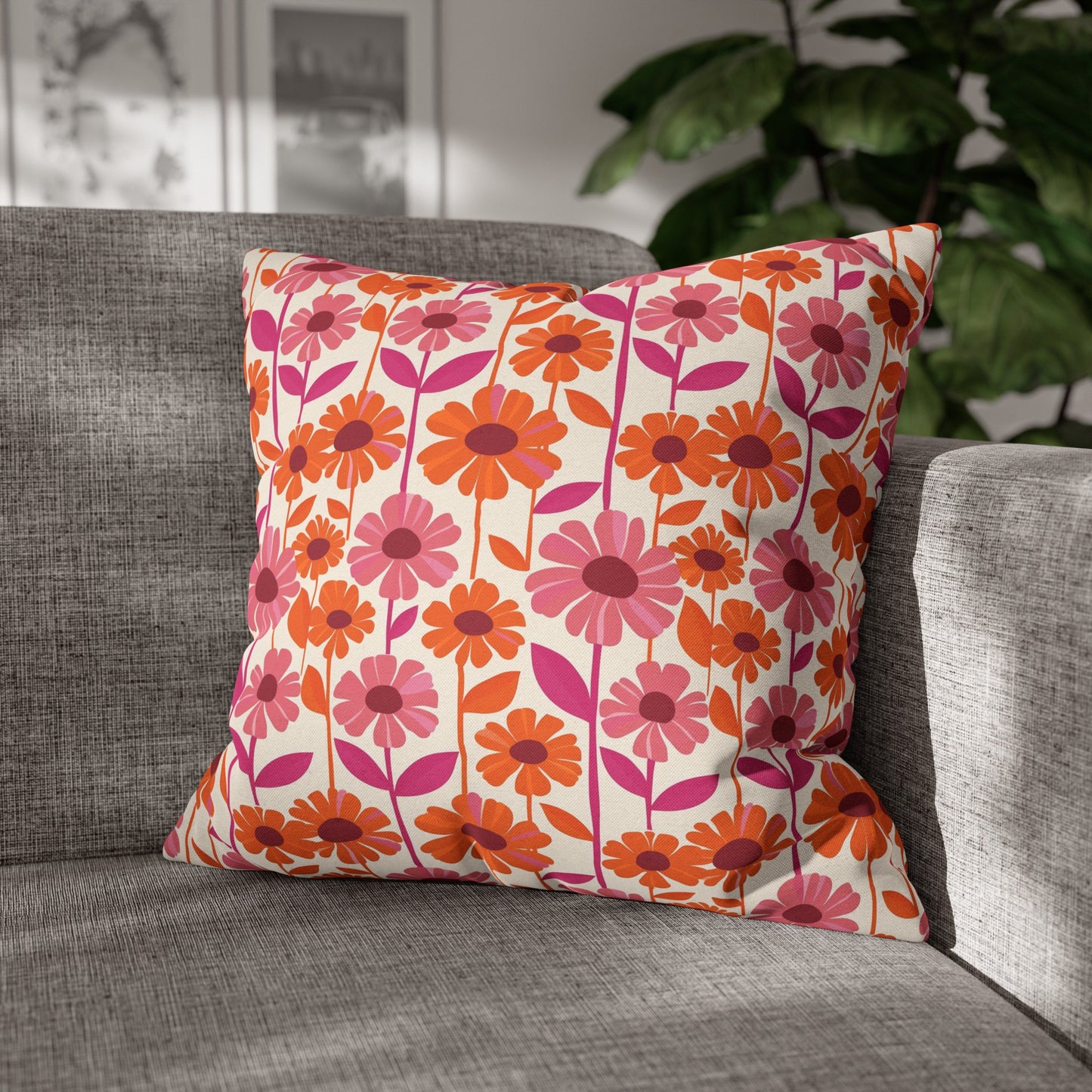 Retro Floral Bliss with Bold Pink and Orange Flower Design Spun Polyester Square Pillowcase 4 Sizes