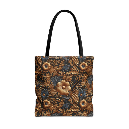 Tooled Leather Gold Flowers with Blue Leaves Accent Print Design - Canvas Tote 3 Sizes