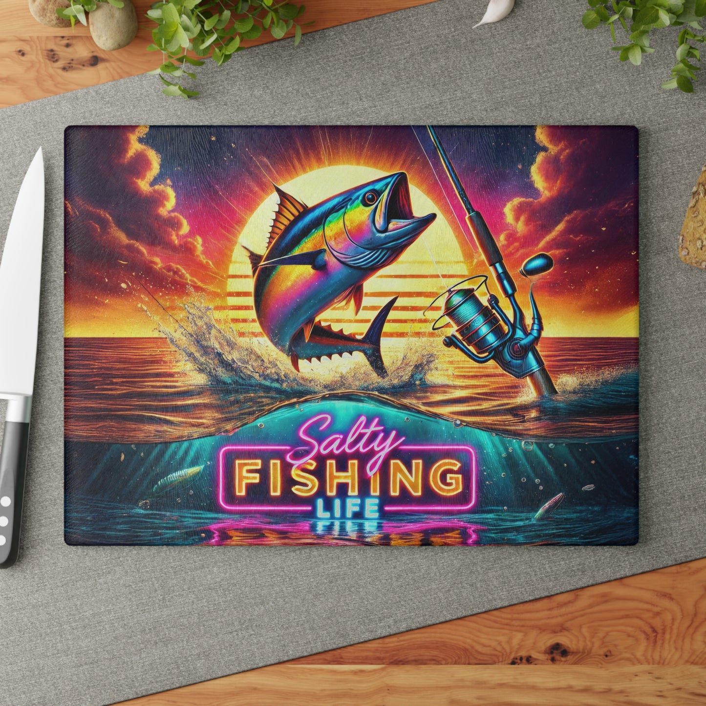 Salty Fishing Life, Sports Fishing Glass Cutting Board, Charcuterie Serving Tray 2 Sizes