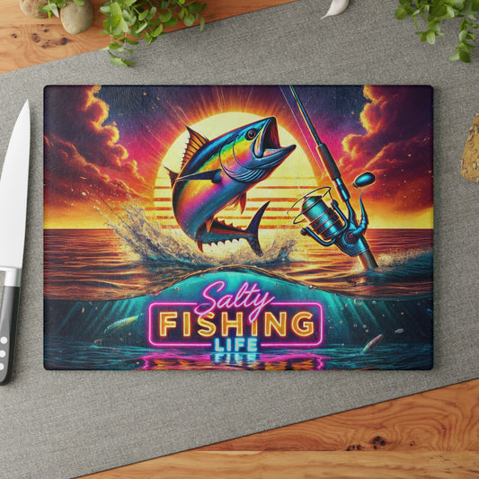 Salty Fishing Life, Sports Fishing Glass Cutting Board, Charcuterie Serving Tray 2 Sizes